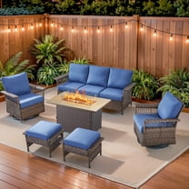 PARKWELL 6 Pieces Patio Furniture Set with Fire Pit Table, Outdoor 7-Seat Wicker Conversation Couch Set with Swivel Gliders Chairs, Deep Seating Furniture for Porch Deck, Brown/Navy