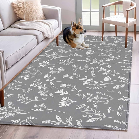 White Grey Spring Floral Area Rug 3x5 Washable Rug Non Slip Summer Flowers Botanical Large Area Rug Indoor Floor Carpet for Entryway Bedroom Kitchen Living Room Home Office Dining Room Nursery