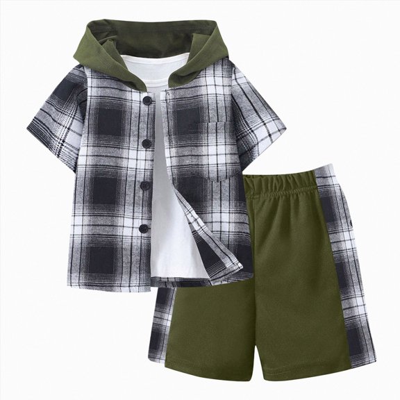 Boys Clothes Shorts Sets Plaid Short Sleeve Hooded Button And Jogger Shorts For Kids Summer Outfits 5-6 Years