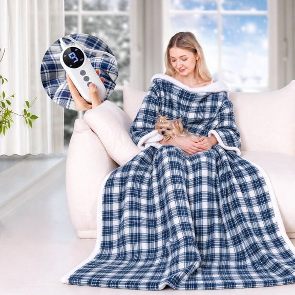 Wearable Heated Throw Blanket with Pockets, 50" x 70" Flannel and Sherpa Electric Wrap Poncho Shawl, 9 Heat Settings, 10-Hour Auto Shut Off, Machine Washable, Blue Plaid