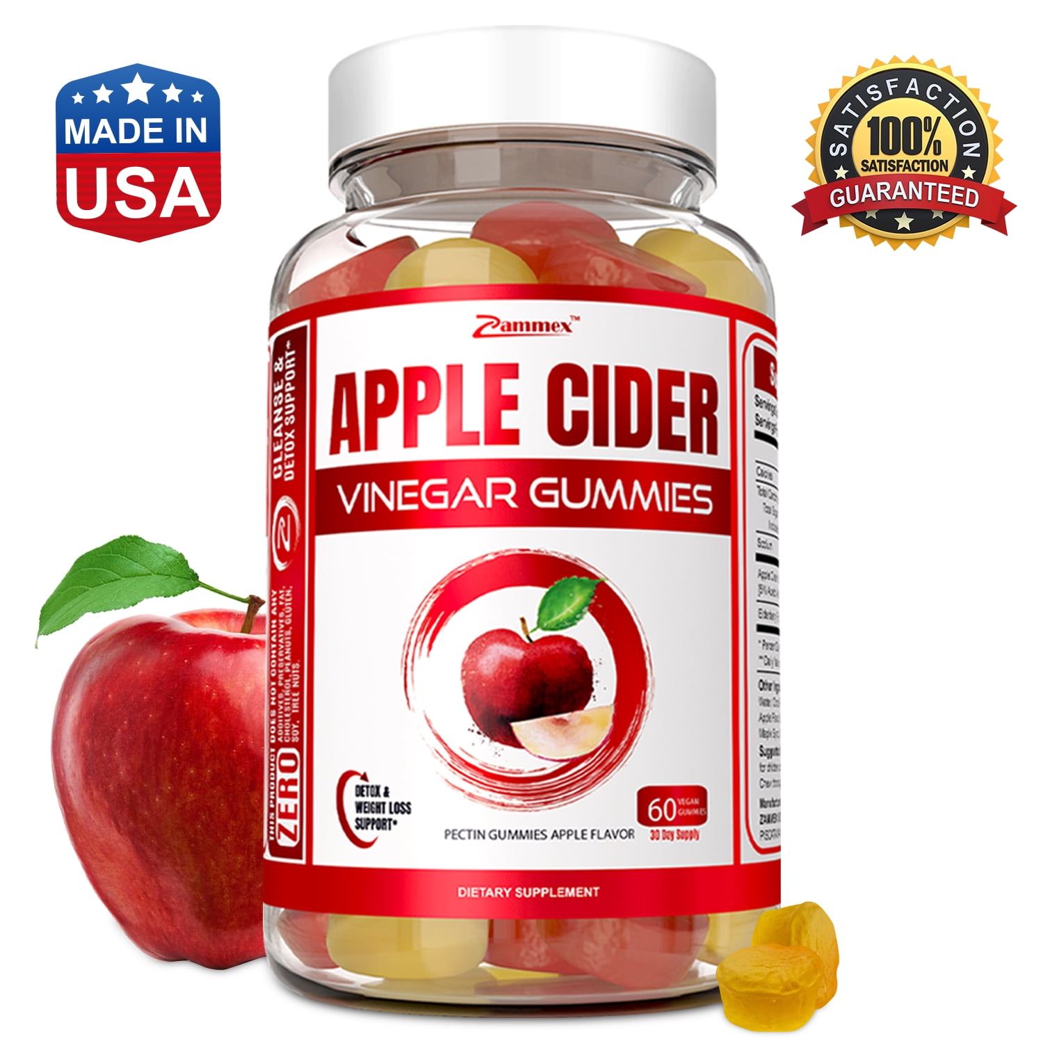 Zammex Apple Cider Vinegar Gummies,Dietary Supplement,ACV Gummies With Mother for Weight Loss,Keto Gummies, Non-GMO, Gluten Free 60 Count