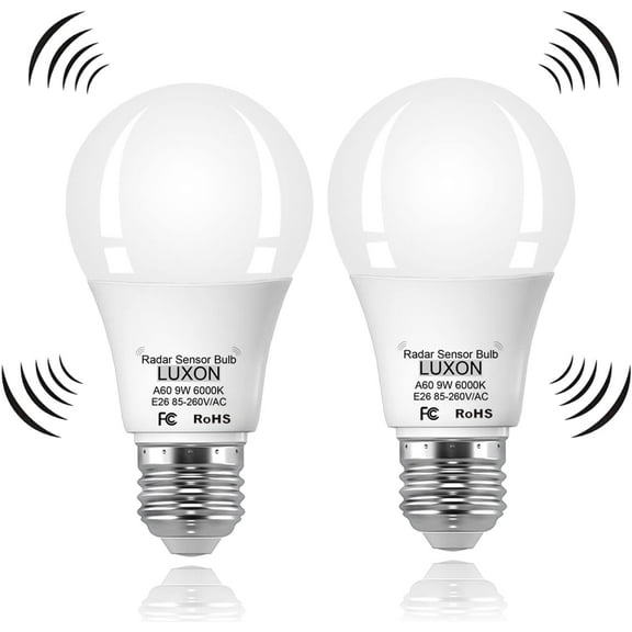 LUXON Radar Motion Sensor Light Bulbs,Dusk to Dawn LED Light Bulbs Outdoor 9W 6000K Daylight,A19 E26 Base Auto On/Off for Indoor Outdoor Basements, Porch,Courtyards, Garage Pack of 2