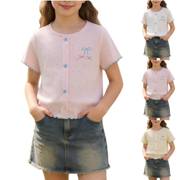 Auroural Girls' Summer Dress Round Neck Short Sleeved T-Shirt Baby Bow Embroidery Color Blocked Top Toddler Girls Clothes 2T - 3T