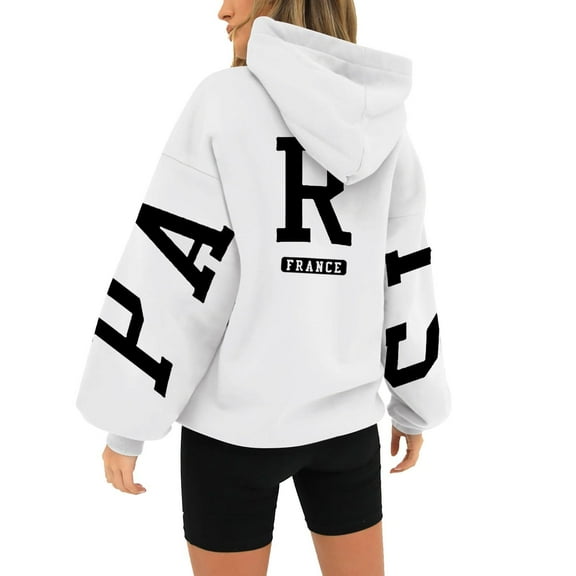 jtjvou Women's Hoodies Pullover Paris Sweatshirts Long Sleeve Loose Letter Print Hooded Pullover Tops Fall Clothes Women,White,S