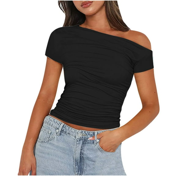 Lovskoo Crop Tops Summer Tops for Women 2024 Off Shoulder Short Sleeve Solid Color Backless Lace Up Top T Shirt Black