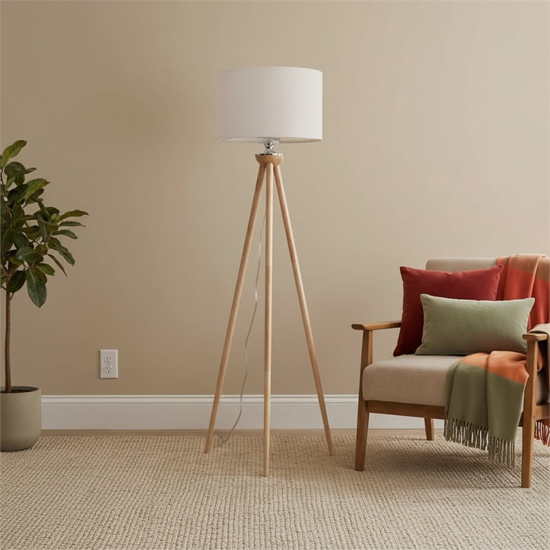 Lara Tripod Floor Lamp with Natural Wood Base and Beige Linen Shade