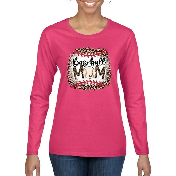 Baseball Mom Jaguar Print Sports Womens Graphic Long Sleeve T-Shirt, Fuschia, XX-Large