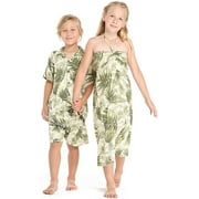 Matching Boy and Girl Siblings Hawaiian Luau Outfits in Leaves in Assorted Colors