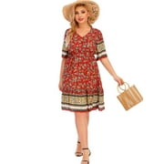 Hotian Women Plus Size Floral Dress, Elastic High Waist Casual Boho Vacation Dress XL/US14 (one size smaller)