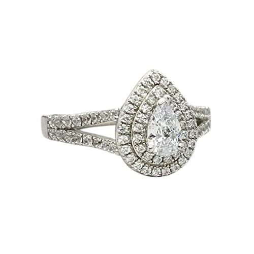 HeartsAndYou 2.5ct Engagement Ring for Women Pear Cut Moissanite Double Halo Design 18k White Gold over Silver