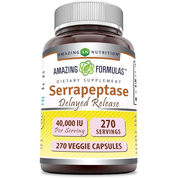 Amazing Formulas Serrapeptase 40,000 IU 270 Veggie Capsules Supplement | Non-GMO | Gluten Free | Ideal for Vegetarians