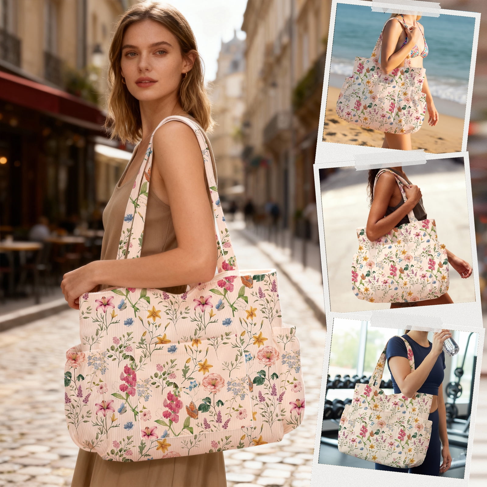 Gocvo Multiple Pockets Corduroy Bag, Large Tote Bag for Women, Ladies Bag Casual Hobo Handbags(Retro Flower)
