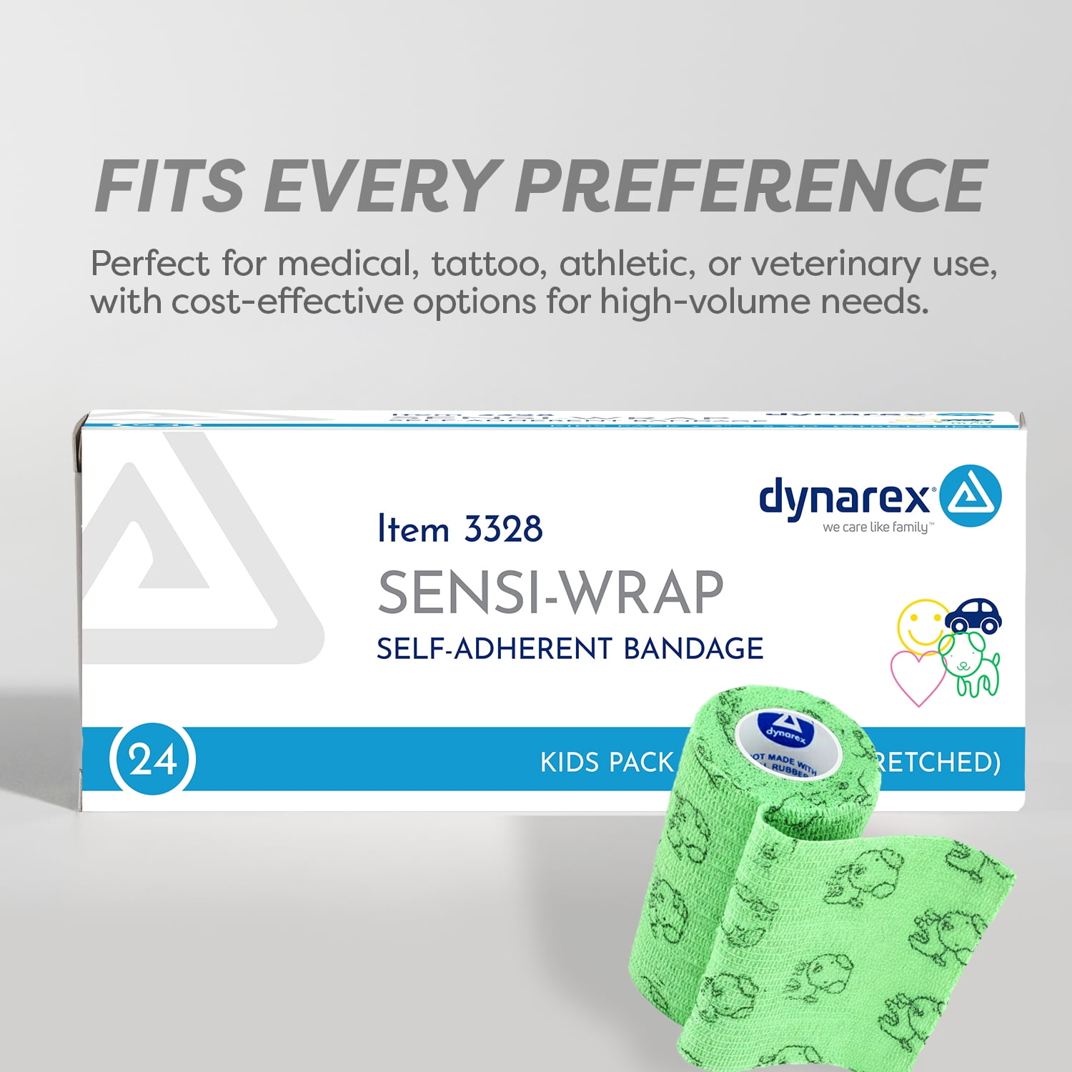 Dynarex Sensi-Wrap Self-Adhesive Bandages, 24-Pack, 3" x 5 yards, Assorted Colors - for Kids, Latex-Free, Colored Elastic Cohesive Athletic Tape, Tattoo Grip & Vet Wrap