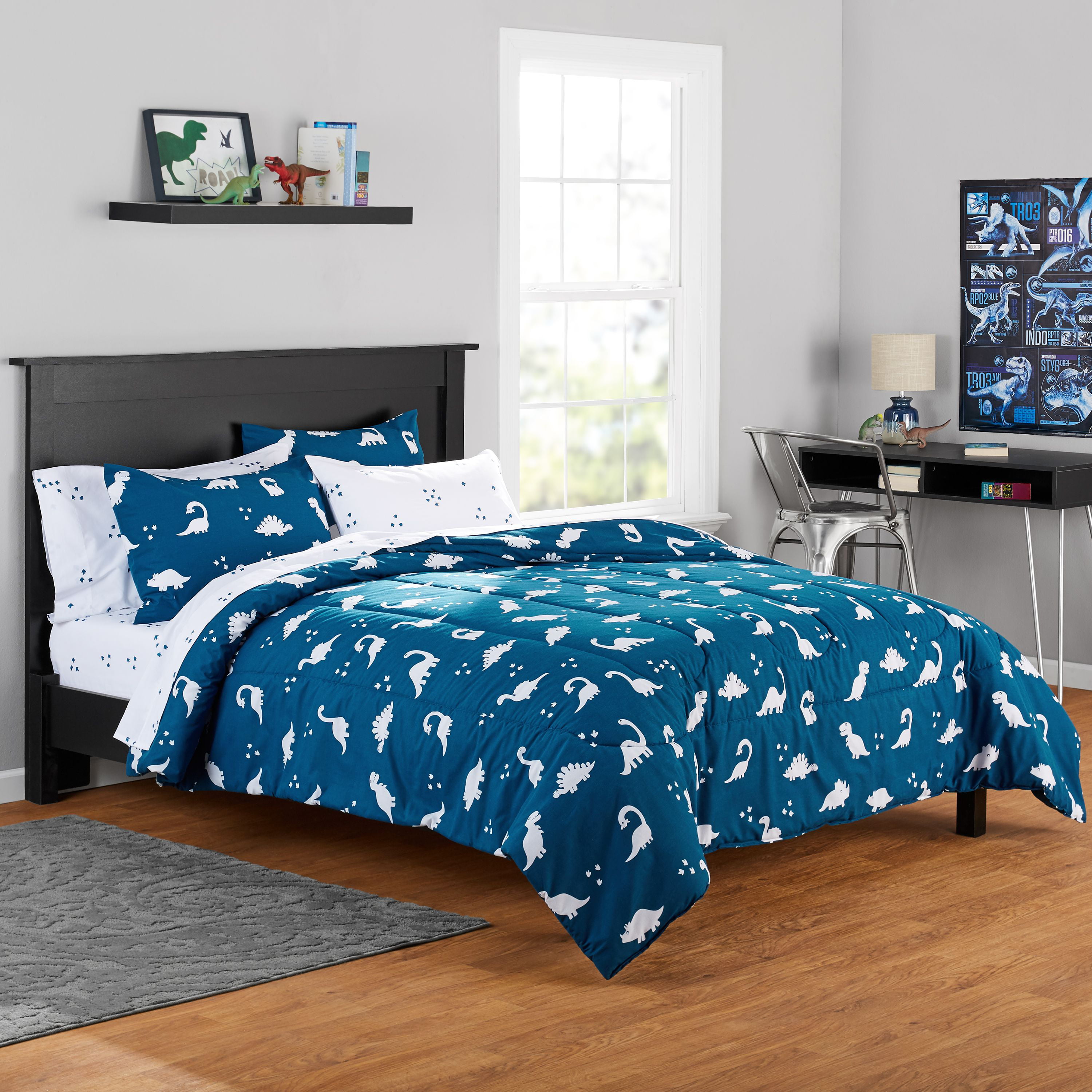 Full Size Your Zone Blue Dinosaurs Bed in a Bag Kids Bedding Set 7 Pieces 