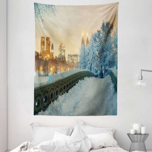 Winter Tapestry, Central Park Winter Skyscrapers and Snow Bow Bridge Manhattan New York, Wall Hanging for Bedroom Living Room Dorm Decor, 60W X 80L Inches, Orange White Olive Green, by Ambesonne