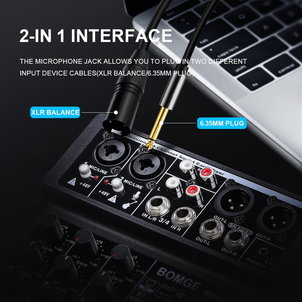 BOMGE 4 Channel mini DJ Audio Sound Mixer Interface with MP3 USB, Bluetooth, Stereo Recording, 48V Phantom Power, 24 DSP for karaoke, performance, church singing  podcas streaming-black