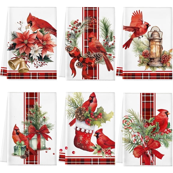 6 Pcs Christmas Kitchen Towels Cardinal Bird Christmas Hand Towels Xmas Bird Bell Holly Berry Branch Dish Clothes Vintage Red Xmas Tea Dishclothes for Kitchen Bathroom Hotel Home Decor 16x24 inches