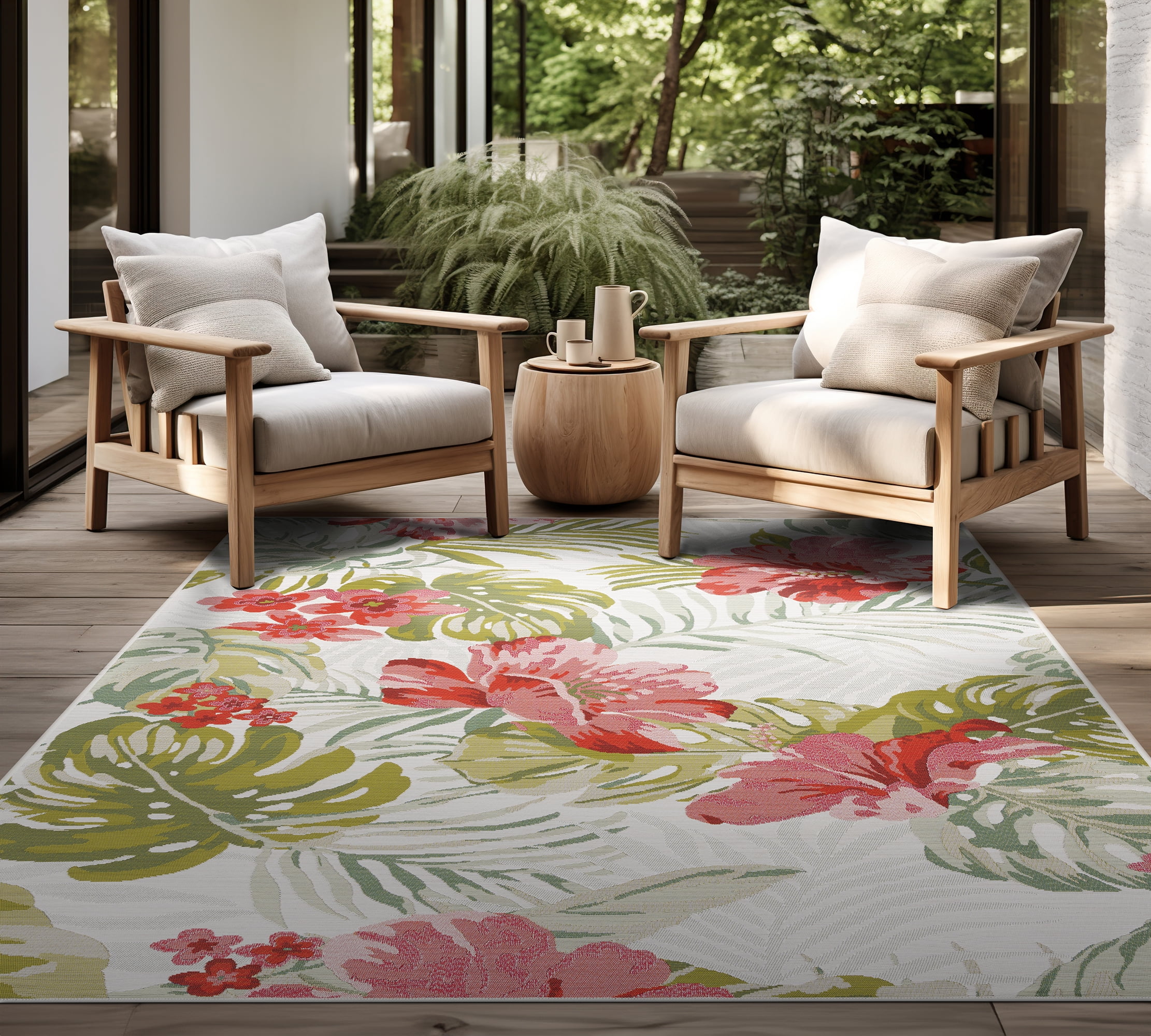 Stunning Transitional 9' x 12' Cream and Pink Polypropylene Outdoor Area Rug