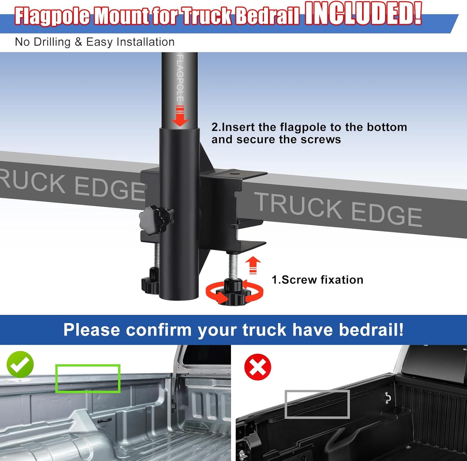 DEROFIT Truck Flag Pole with Mount for Truck Bed, Drilling Free Metal Flagpole for Truck Bed Rail, Pickup, Jeep,6ft (Black）