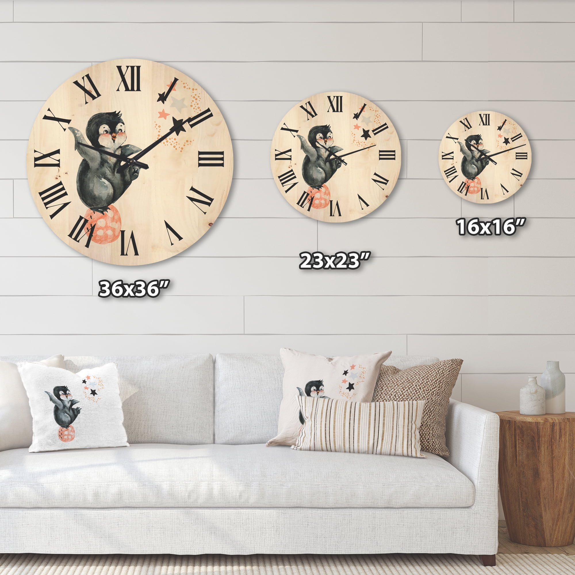 Designart 'Little Penguin With Planets and Stars II' Farmhouse Wood Wall Clock