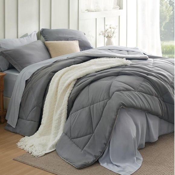 Queen Comforter Set - 7 Pieces Reversible Grey Bedding, Queen Size Bed Set for All Seasons, Bed in a Bag with Down Alternative Comforter, Sheets, Pillowcases & Shams