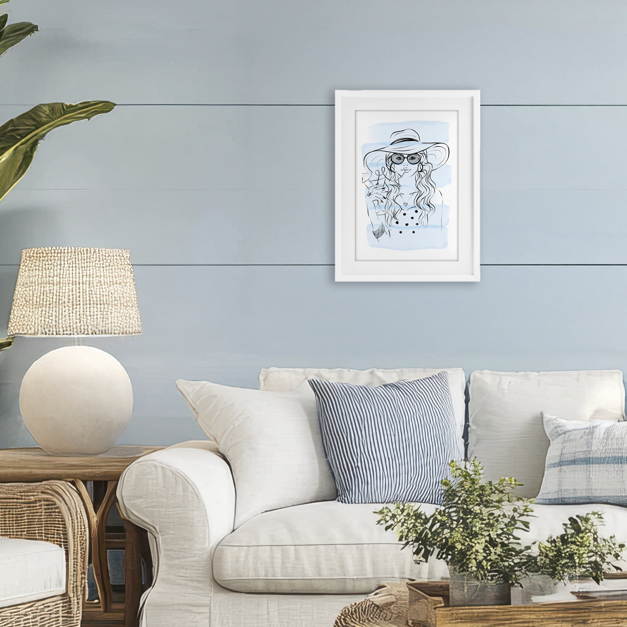 Stupell Industries Sipping Drink Girl in Sun Hat White Framed Print Under Glass, design by Martina Pavlova