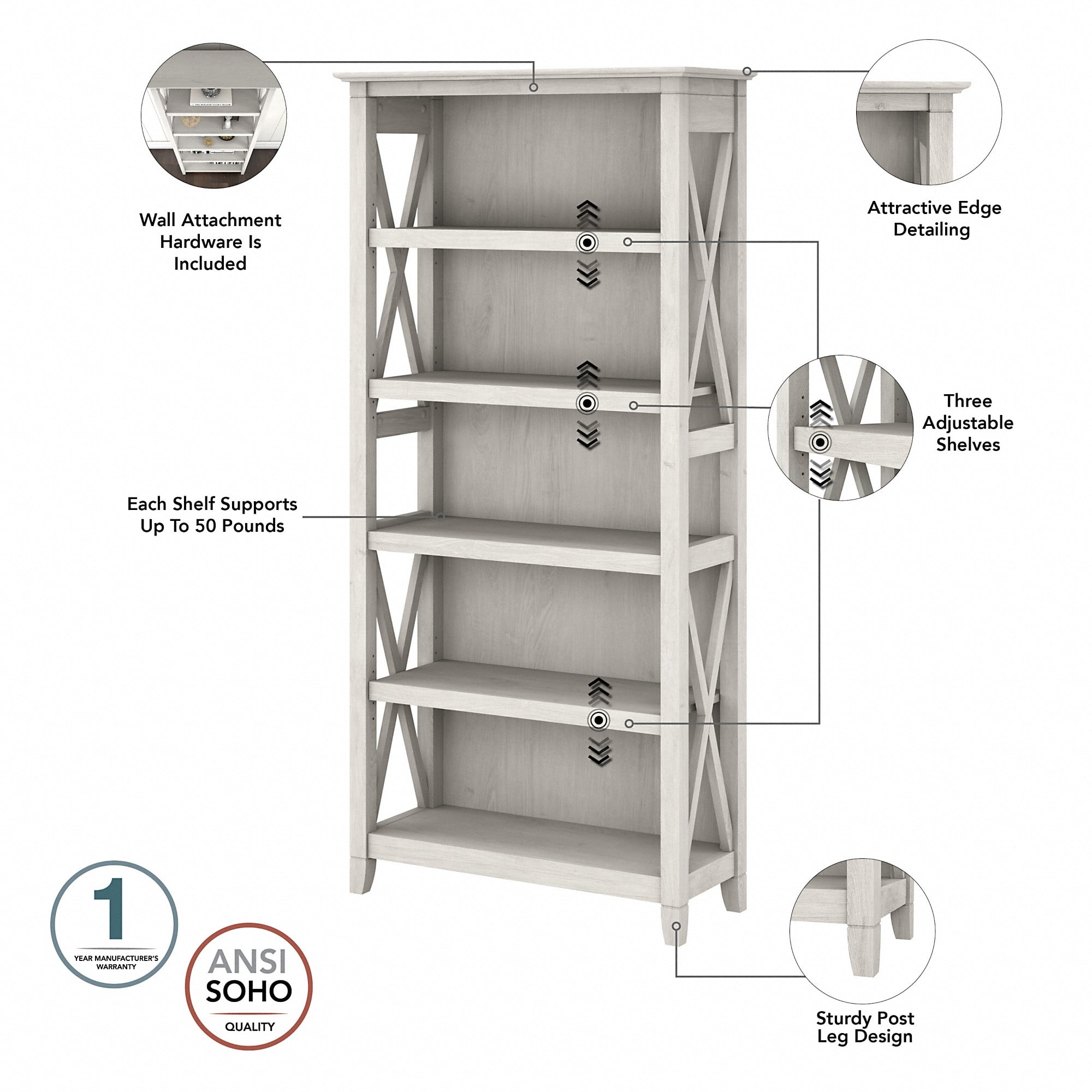 Bush Furniture Key West Tall 5 Shelf Bookcase, Set of 2, Linen White Oak