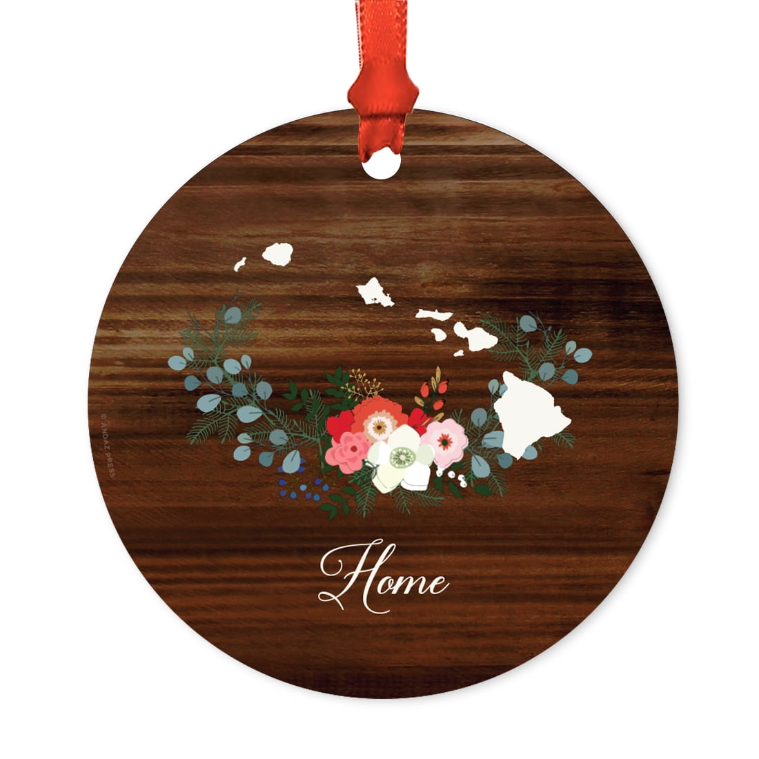 US State Round Metal Christmas Ornament, Rustic Wood with Florals Home ...