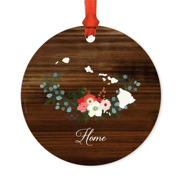 US State Round Metal Christmas Ornament, Rustic Wood with Florals Home, Hawaii, Includes Ribbon and Gift Bag