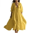 thumbnail image 2 of gakvbuo Linen Dresses For Women 3/4 Sleeves Roll Up Drawstring Front Pull Rope V Neck Tunic Dress Flowy A Line Maxi Dress Long Beach Dress, 2 of 7