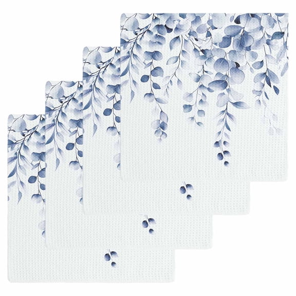 Blue Eucalyptus Kitchen Dish Towels for Drying Dishes Set of 4, Botanical Plant Rustic Branch Floral Waffle Weave Microfiber Hand Tea Bathroom Towels Quick Dry & Absorbent Towel 12x12