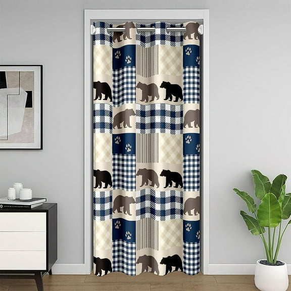 Erosebridal Bear Door Curtain for Doorway Privacy,Cabin Lodge Animal Blackout Curtain 34"W X 80"L for Bedroom,Wildlife Room Divider Curtain,Navy Blue Lattice Patchwork Door Drape
