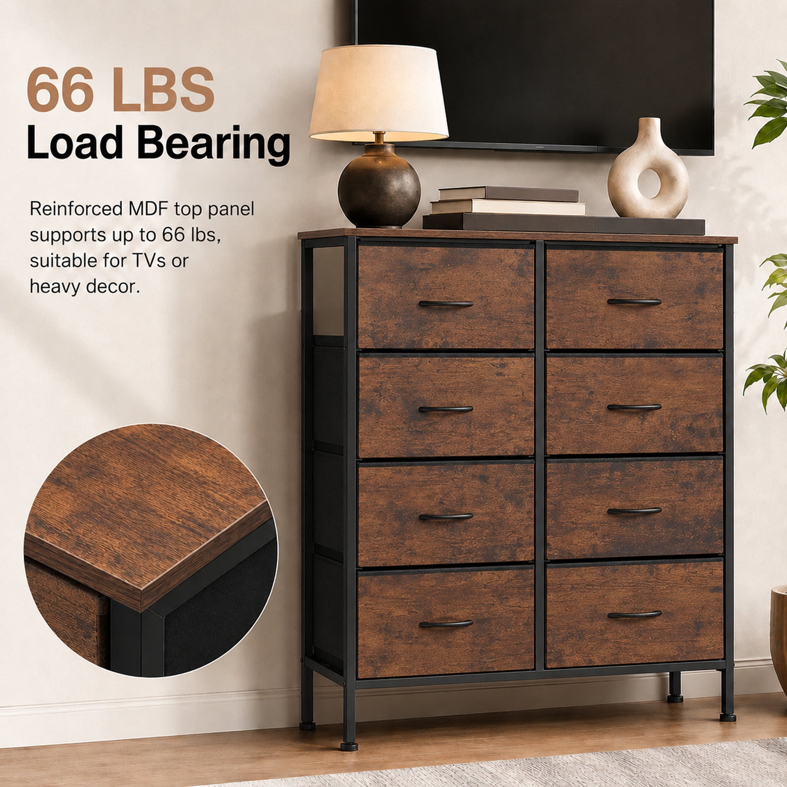 Alvantor 8-Drawer Fabric Dresser with Open Shelf, Chest of Drawers, Steel, MDF, Storage Organizer Unit, Closet, Entryway
