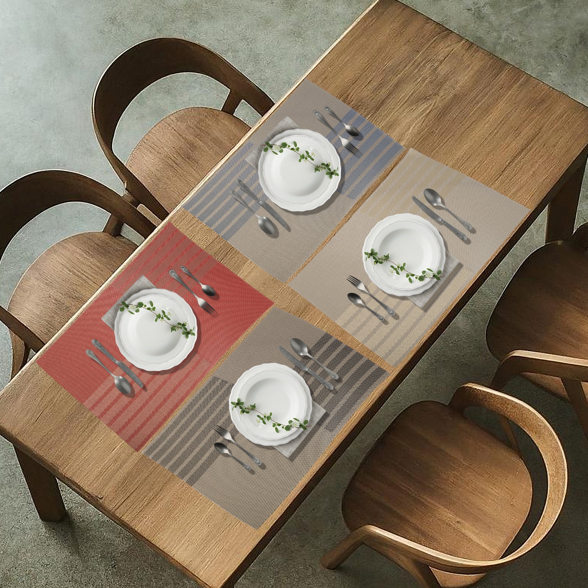 Unique Bargains 4 Pcs Grid Style Placemats PET Heat Resistant Washable Table Mats Brown