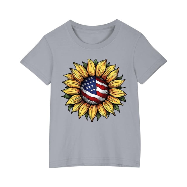 Vestido Corto de Verano Niños Niños Niñas Camiseta de Algodón Cuello Redondo Lindo Día de la Independencia Imprimir Top