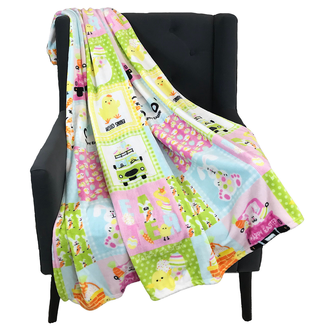 Spring Easter Throw Blanket: Playful Patchwork of Spring Bunny Characters, Soft Cozy Velvet Fleece, Pink Blue White, 50' x 60' Inch for Girls Boys