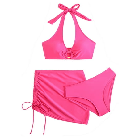 Arnsht Women s Summer Solid Color Beach Vacation Bikini 3 Piece High Waisted Bikini Set Swimsuit Bathing with Cover Up Hot Pink M