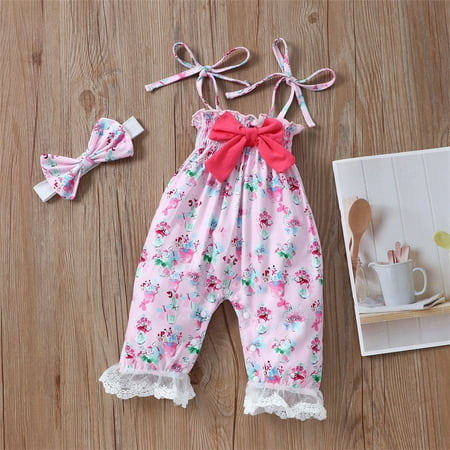 

Leesechin Baby Bodysuit Toddler Kids Boys Girls Summer Fashion Cute Flowers Print Suspenders Romper Jumpsuit Hairband Suit on Clearance
