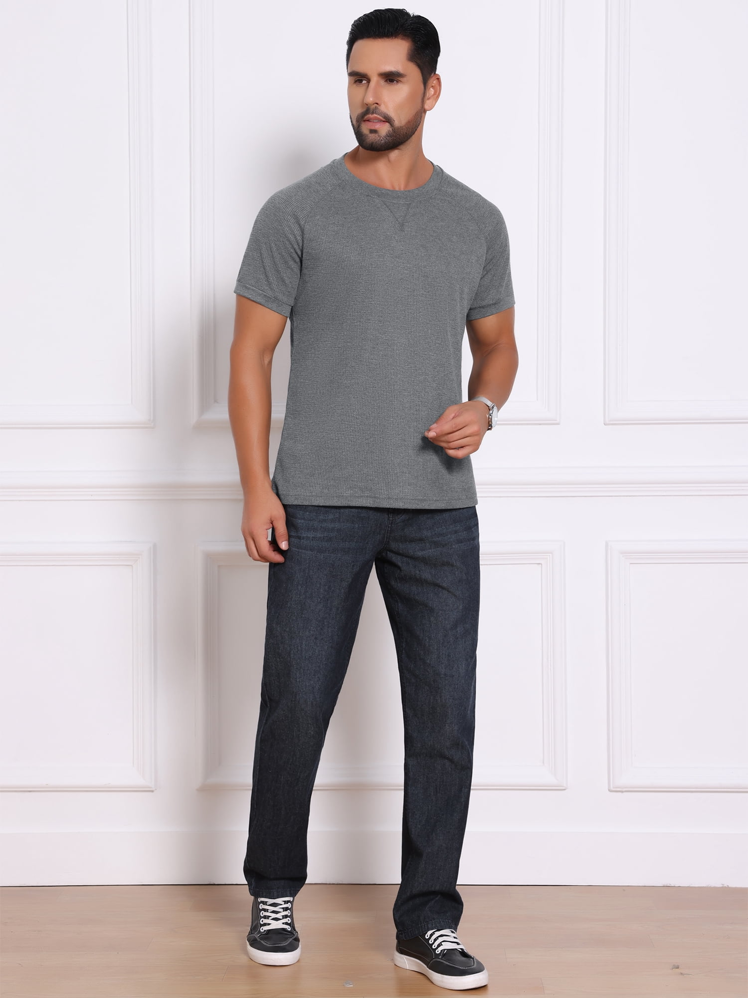 DARING DIVA Men's Waffle Fabric Classic Crew Neck Raglan Short Sleeves L Gray