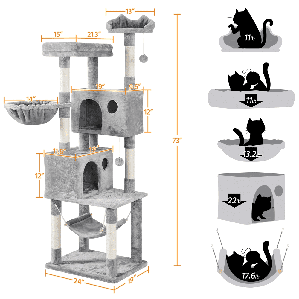 Alden Design 73"H Multi-Level Cat Tree Tower with Condos and Perches, Light Gray
