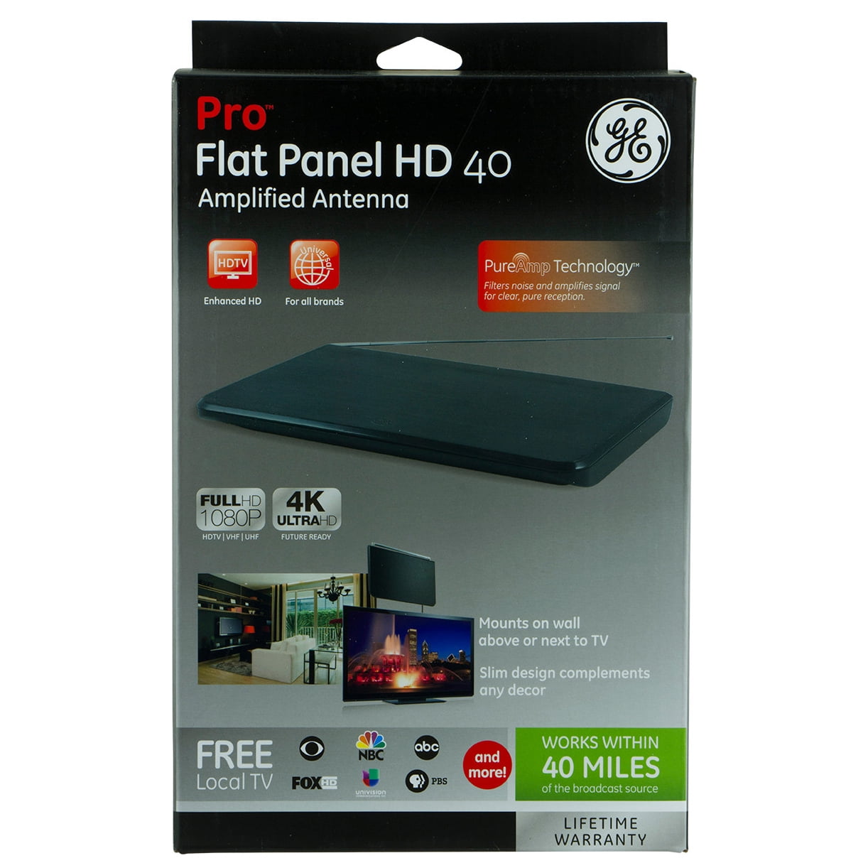 GE Pro Flat Panel HD Indoor TV Antenna, 40mile range