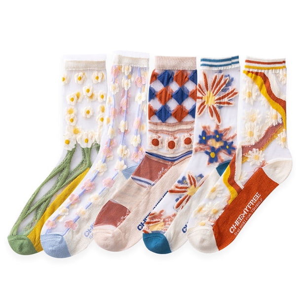 Calcetines de lana para mujer, calcetines de cristal jacquard elásticos de encaje de malla fina transparente de verano