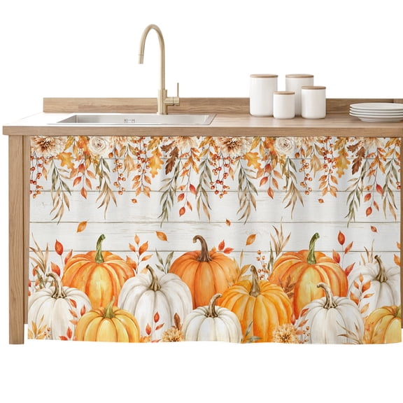 Thanksgiving Sink Skirt for Bathroom, Self-Adhesive Under Sink Curtain, Fall Pumpkin Branches Floral Wooden Grain Hide Pipes & Storage Fabric Cabinet Skirt Cover for Kitchen Laundry 32"x55"