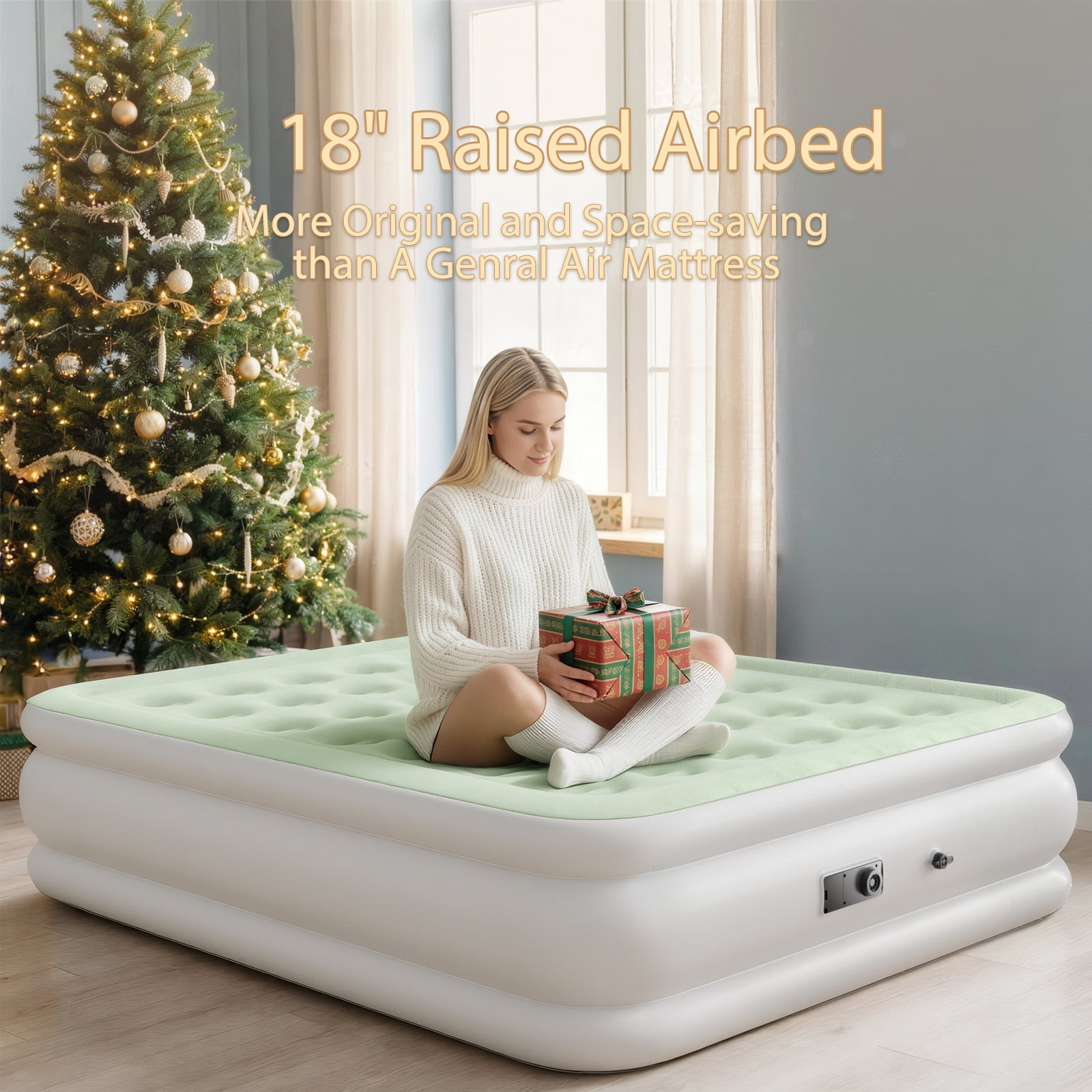 Honeydrill Queen Size Air Mattress 18" Airbed Inflatable with Built-in Pump, Light Green