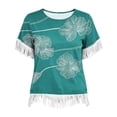 thumbnail image 4 of Uootdi Cute Summer Tops Crew Neck Short Sleeve Fringe Trim Cuff And Hem Line Floral All Over Print Soft Knit Boho Tops for Women Relaxed Fit Soft Wrinkle Resistant Womens Tees, 4 of 6