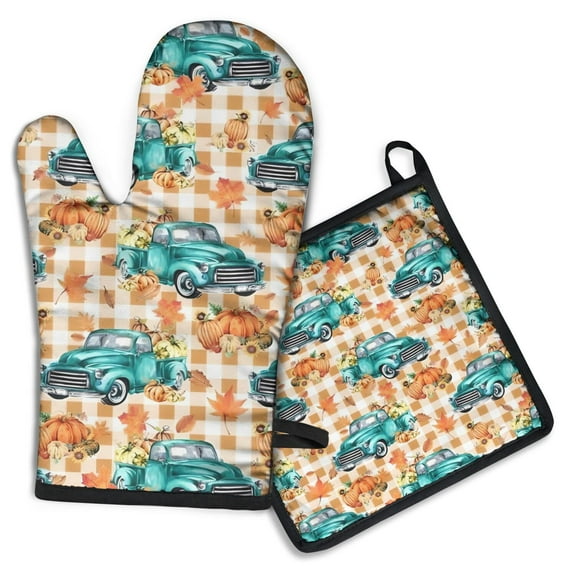 Trucks Pumpkins Fall Leaves Pattern Kitchen Oven Mitt and Pot Holder Sets 2 Pcs for Baking, Cooking and Grilling, Heat Resistant Up To 392 °F