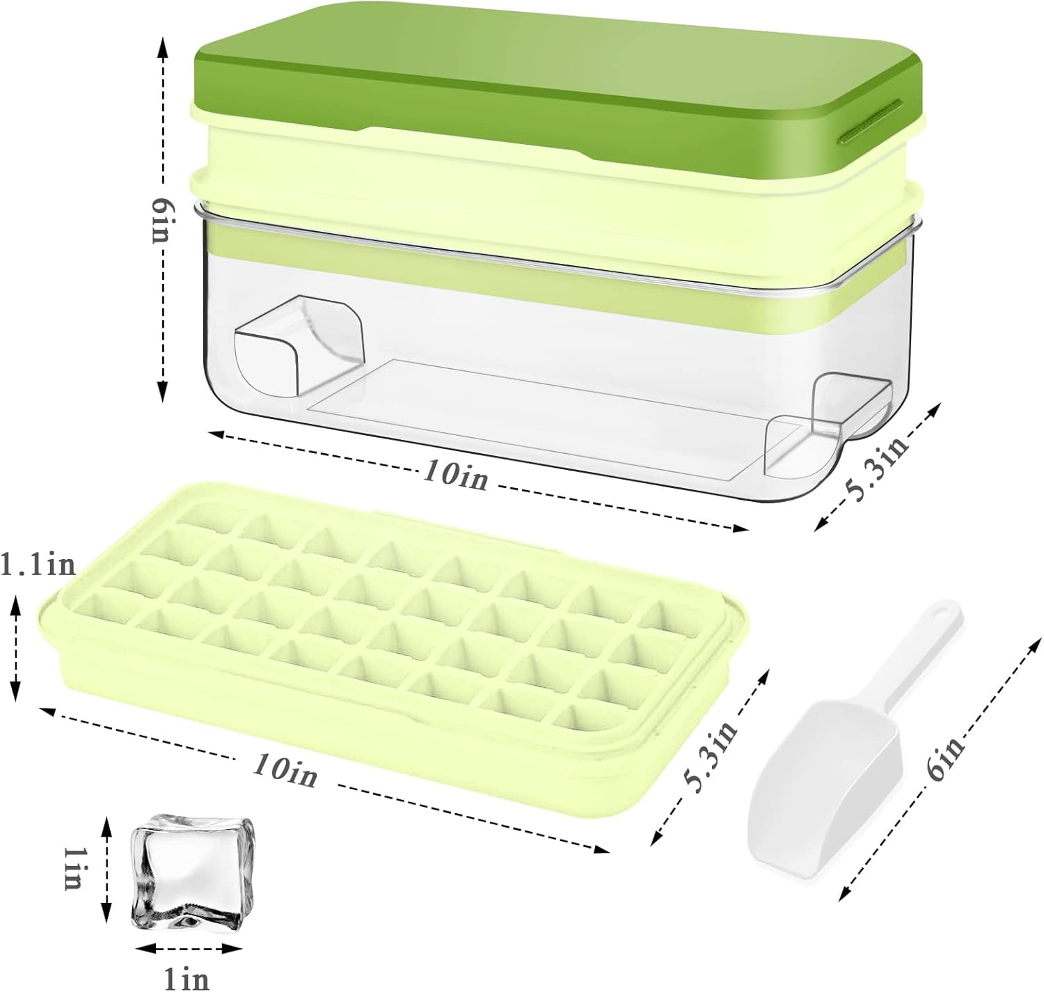 Ice Cube Tray with Lid and Bin, 64 pcs Ice Tray Kit with Ice Scoop, Ice Cube Pop Out Tray, Ice Cube Trays for Freezer, Ice Cube Molds, BPA Free, Easy Release Stackble Spill-Resistant (Green)