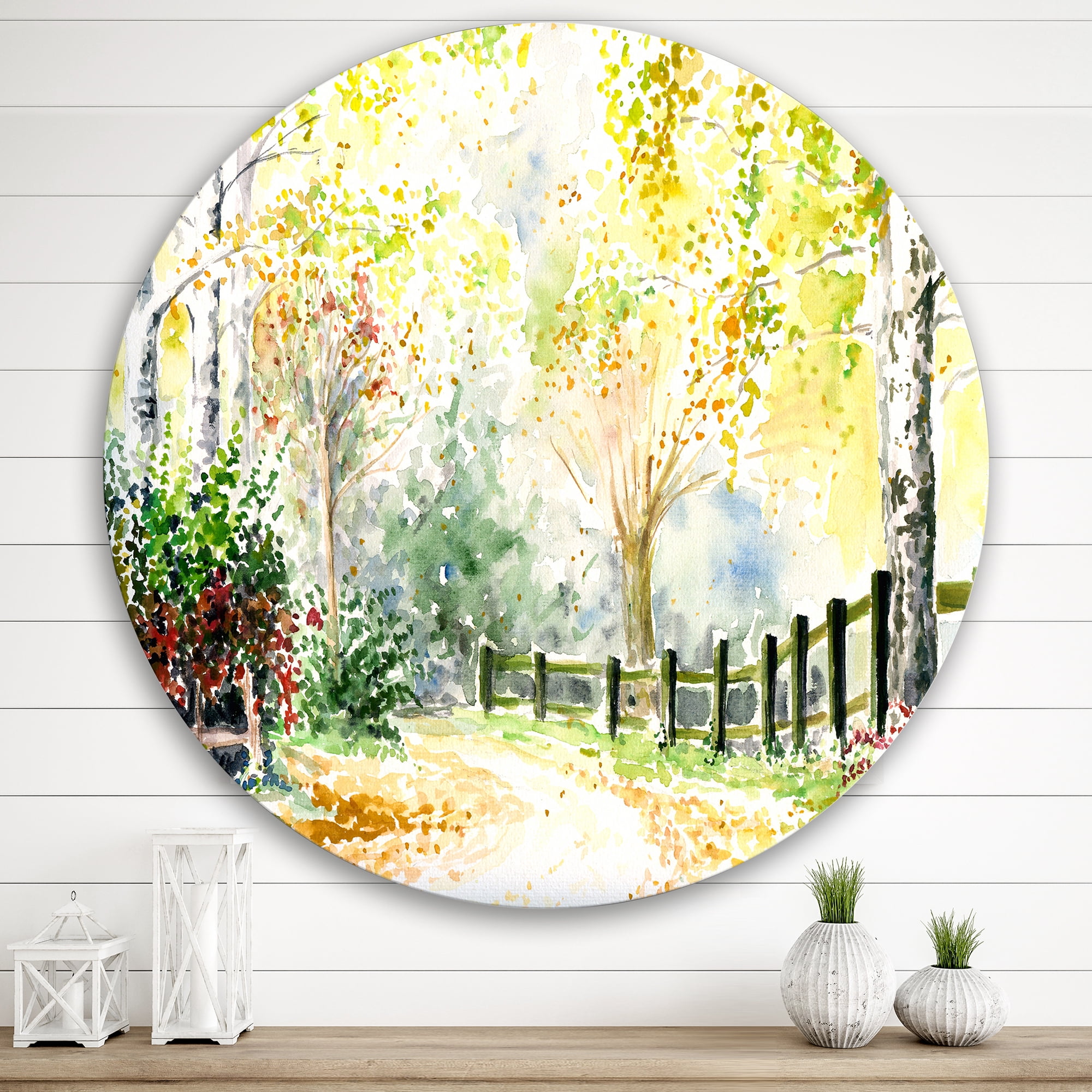 Designart 'Autumn Countryside The Afternoon Landscape' Traditional Circle Metal Wall Art 36x36 - Disc of 36
