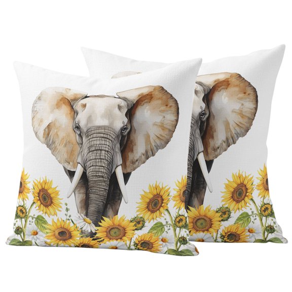 Outdoor Pillow Covers 20x20 Set of 2, Modern Elephants Waterproof Patio Throw Pillow Covers for Couch Sofa Chair, Spring Summer Watercolor Sunflowers Daisy Decorative Pillowcases for Throw Pillows