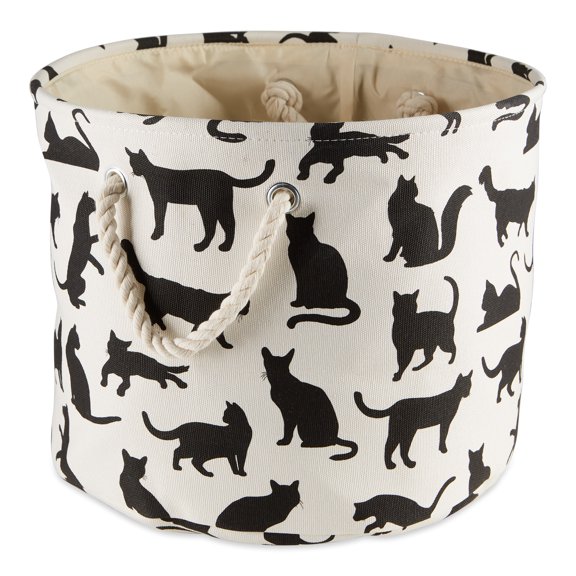 Contemporary Home Living 12" Black, White, and Beige Round Small DII Polyester Pet Bin Cats Meow